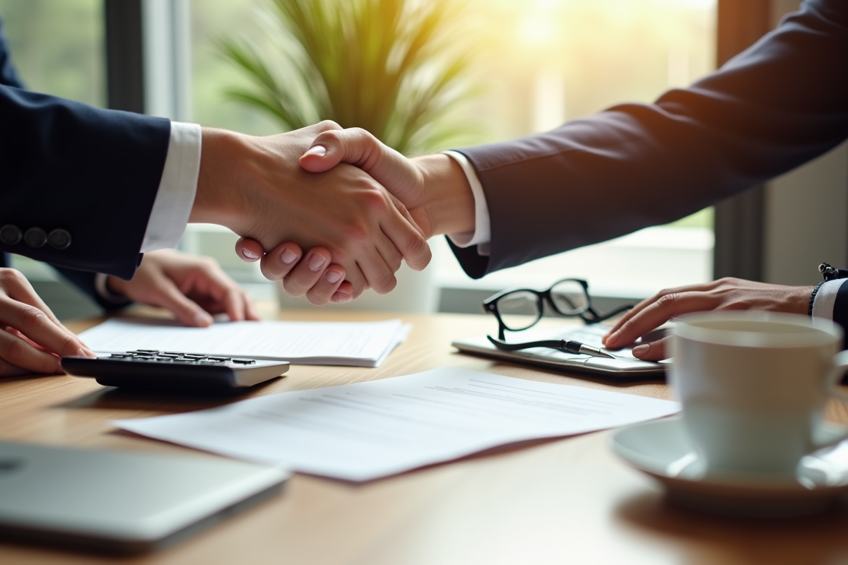 Deux mains échangeant un contrat signé sur un bureau lumineux