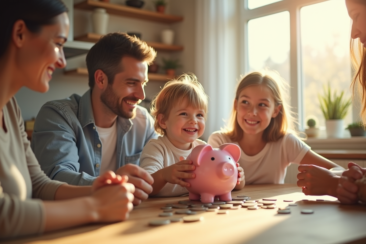 Enfant heureux comptant ses économies avec ses parents