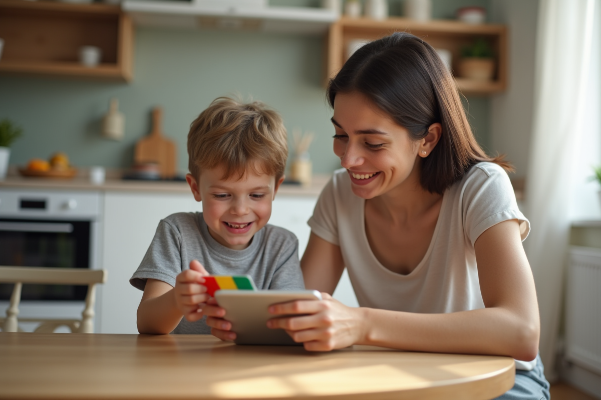 Enfant souriant avec parent utilisant une carte bancaire à la maison
