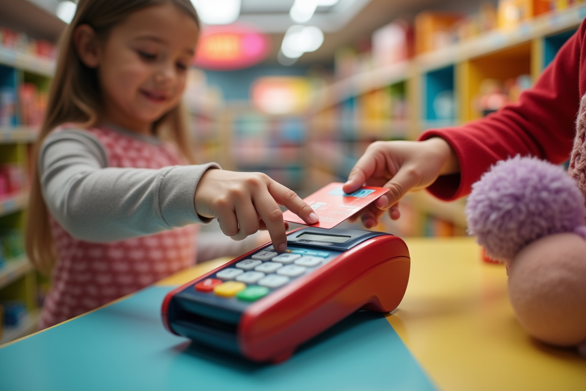 Enfants passant une carte à un terminal dans un magasin de jouets