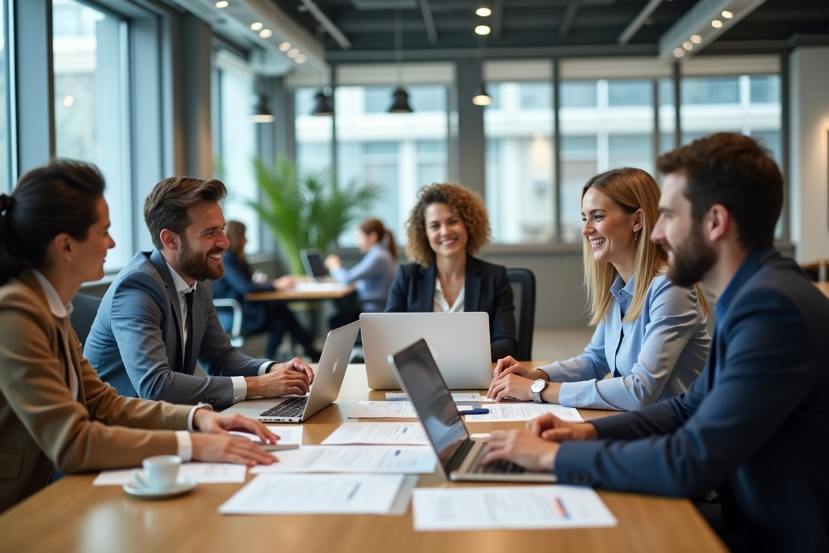 Groupe de professionnels divers dans un bureau lumineux discutant de salaire