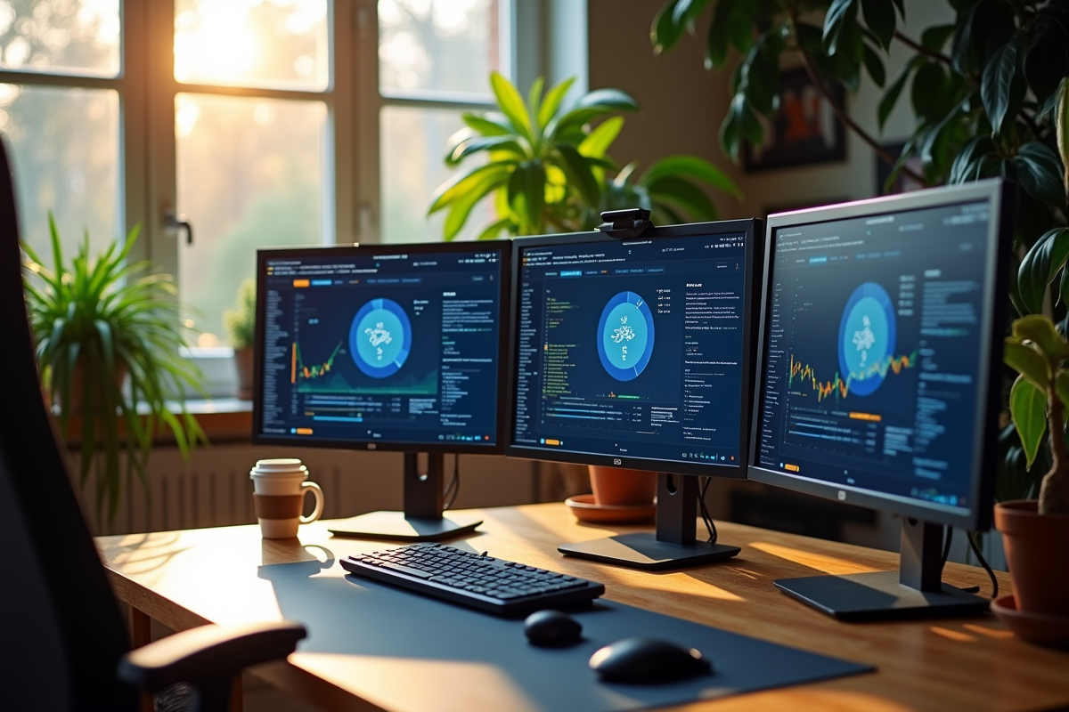Espace de travail sécurisé avec plusieurs écrans affichant des portefeuilles crypto
