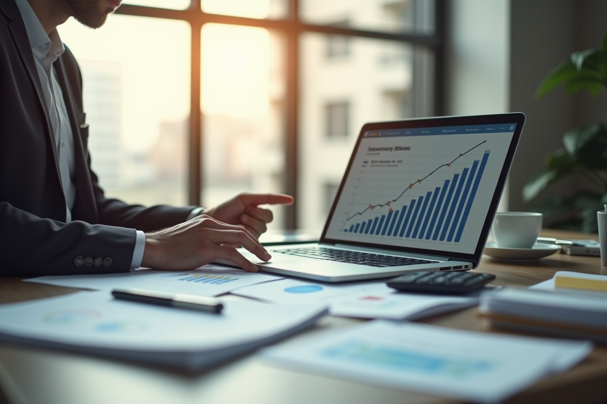 Conseiller financier analysant rendement immobilier en bureau lumineux
