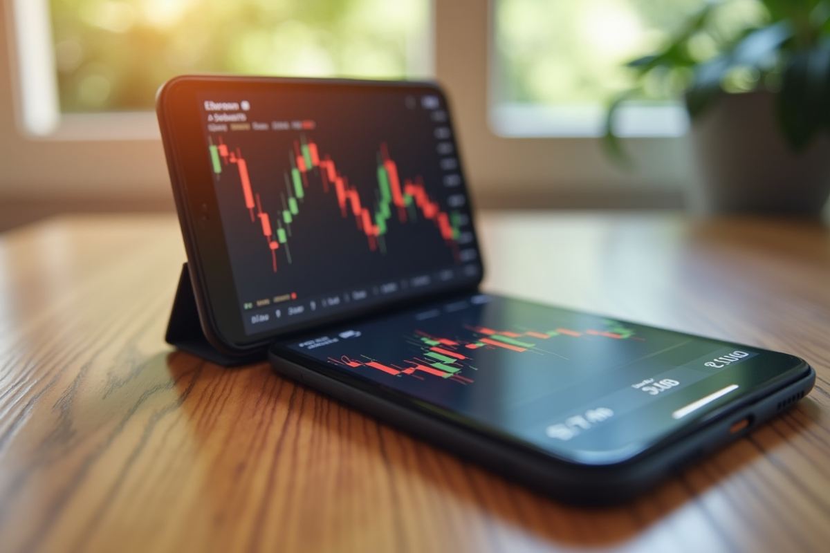 Smartphone affichant un graphique Ethereum en baisse