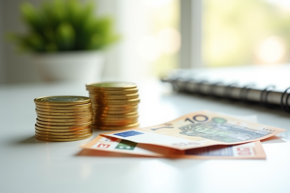 Pièces d euro et billets de 100 euros sur un bureau blanc
