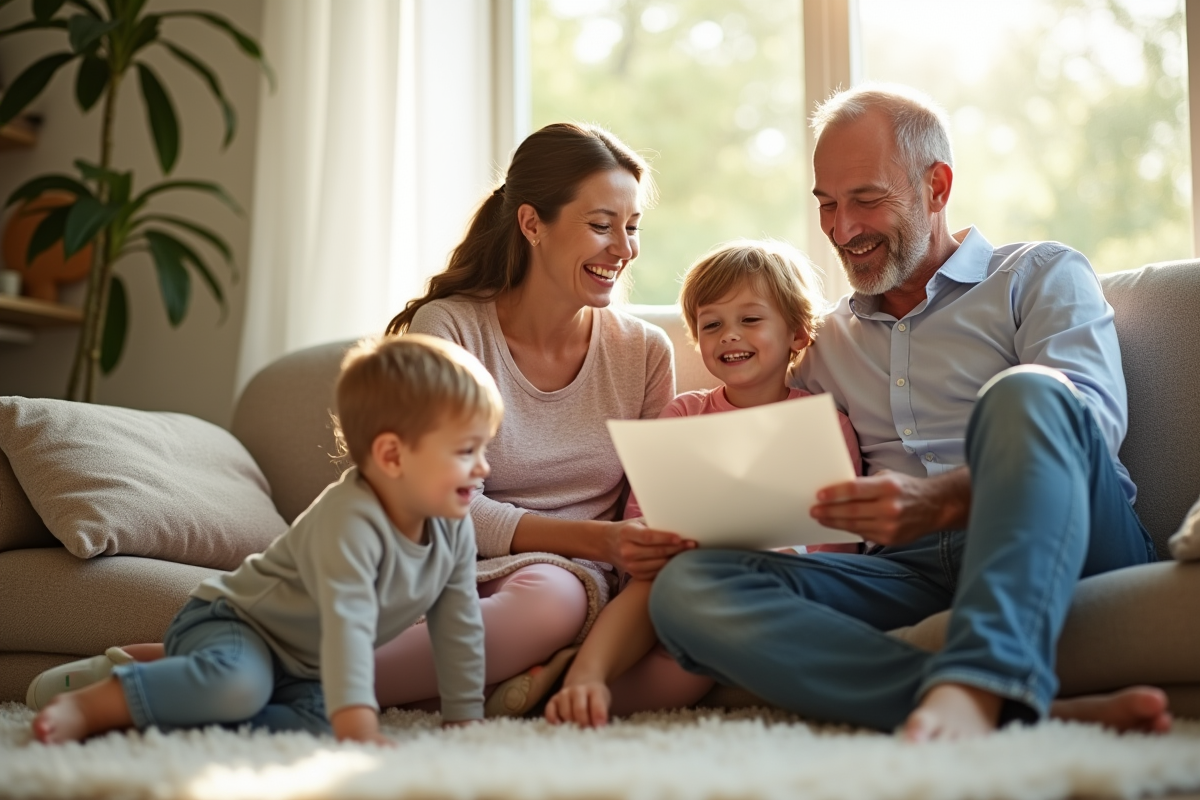 Couple souriant en famille dans le salon avec enfants
