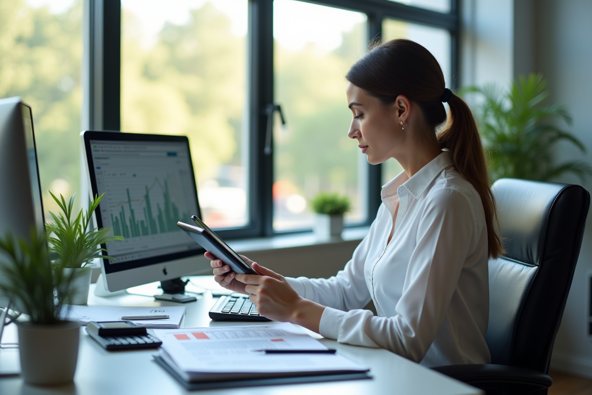 Femme d'affaires analysant des données financières sur une tablette