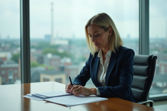 Femme d'affaires en costume bleu examine des documents de credits carbone