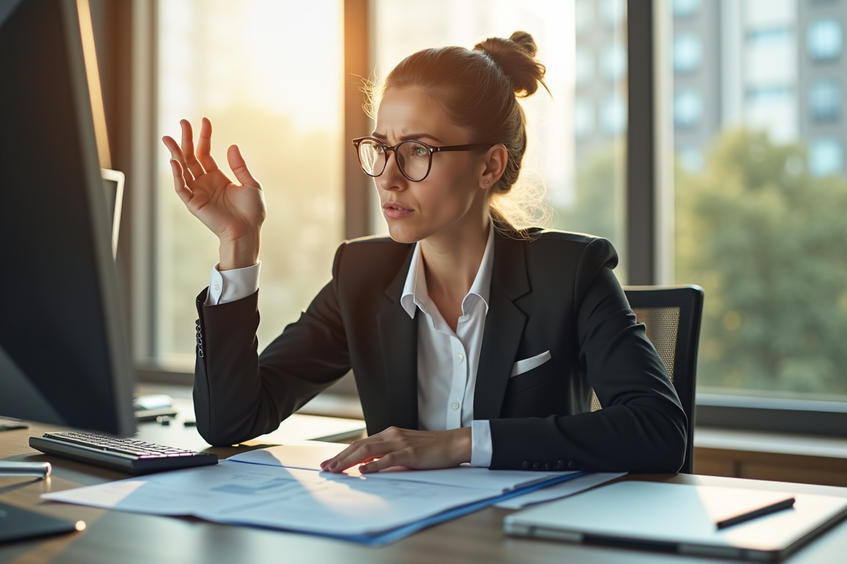 Femme d'affaires sérieuse déçue devant son ordinateur