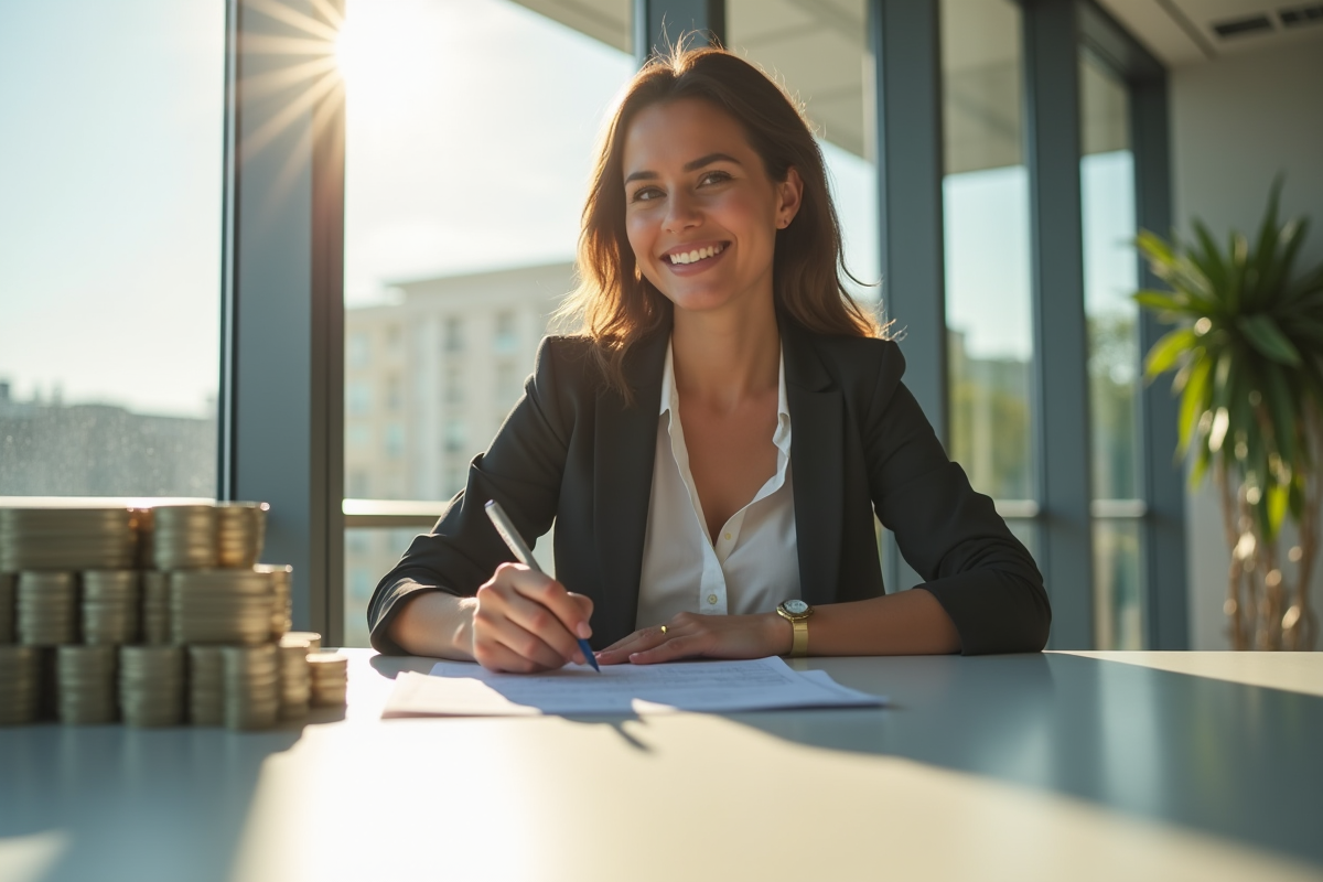Femme d'affaires signant un prêt dans un bureau lumineux