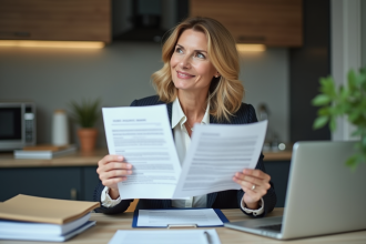 Femme d'âge moyen tenant documents d'assurance habitation