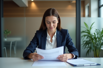 Femme professionnelle lit des documents d'assurance dans un bureau moderne