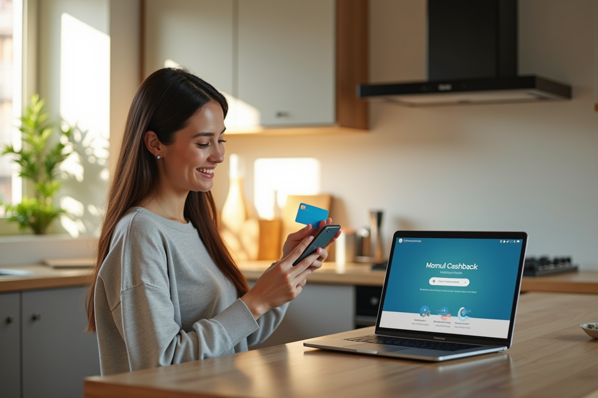 Jeune femme souriante avec carte et smartphone dans une cuisine lumineuse