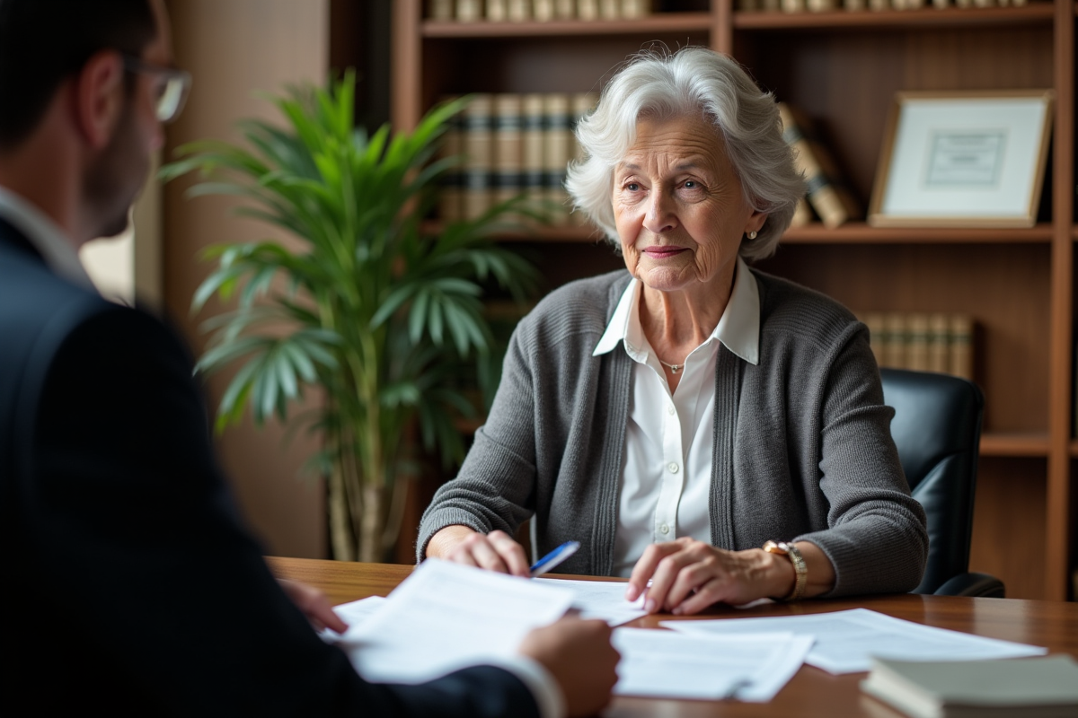 Une femme âgée discute avec un avocat dans un bureau professionnel