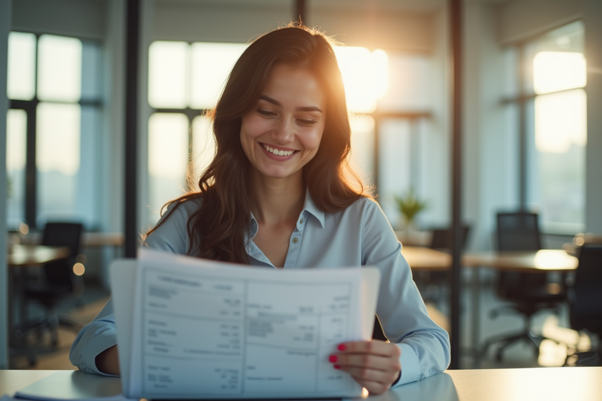 Jeune femme souriante dans un bureau moderne avec documents financiers
