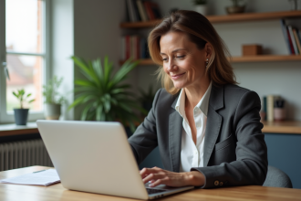 Femme belge d'âge moyen travaillant sur un ordinateur dans un intérieur moderne