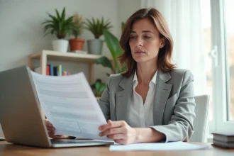 Femme consultant un simulateur d'allocations chômage après rupture conventionnelle sur son ordinateur portable