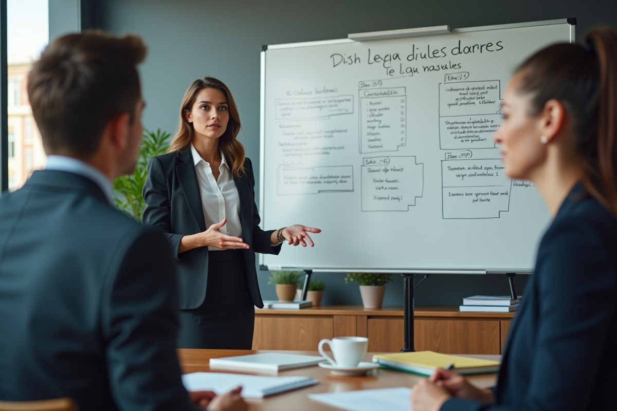 Jeune femme en réunion expliquant des règles à ses collègues dans un bureau