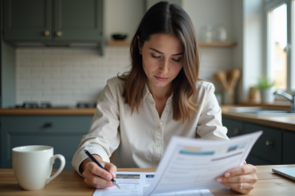 Femme concentrée à la maison en train de vérifier ses documents bancaires