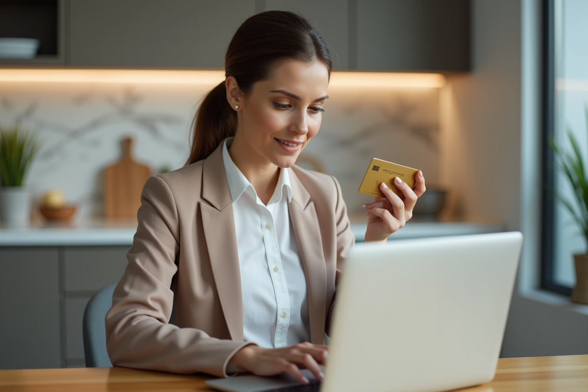 Femme en business casual avec carte bancaire or sur laptop