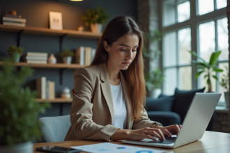Jeune femme compare des graphiques de cryptomonnaie au bureau