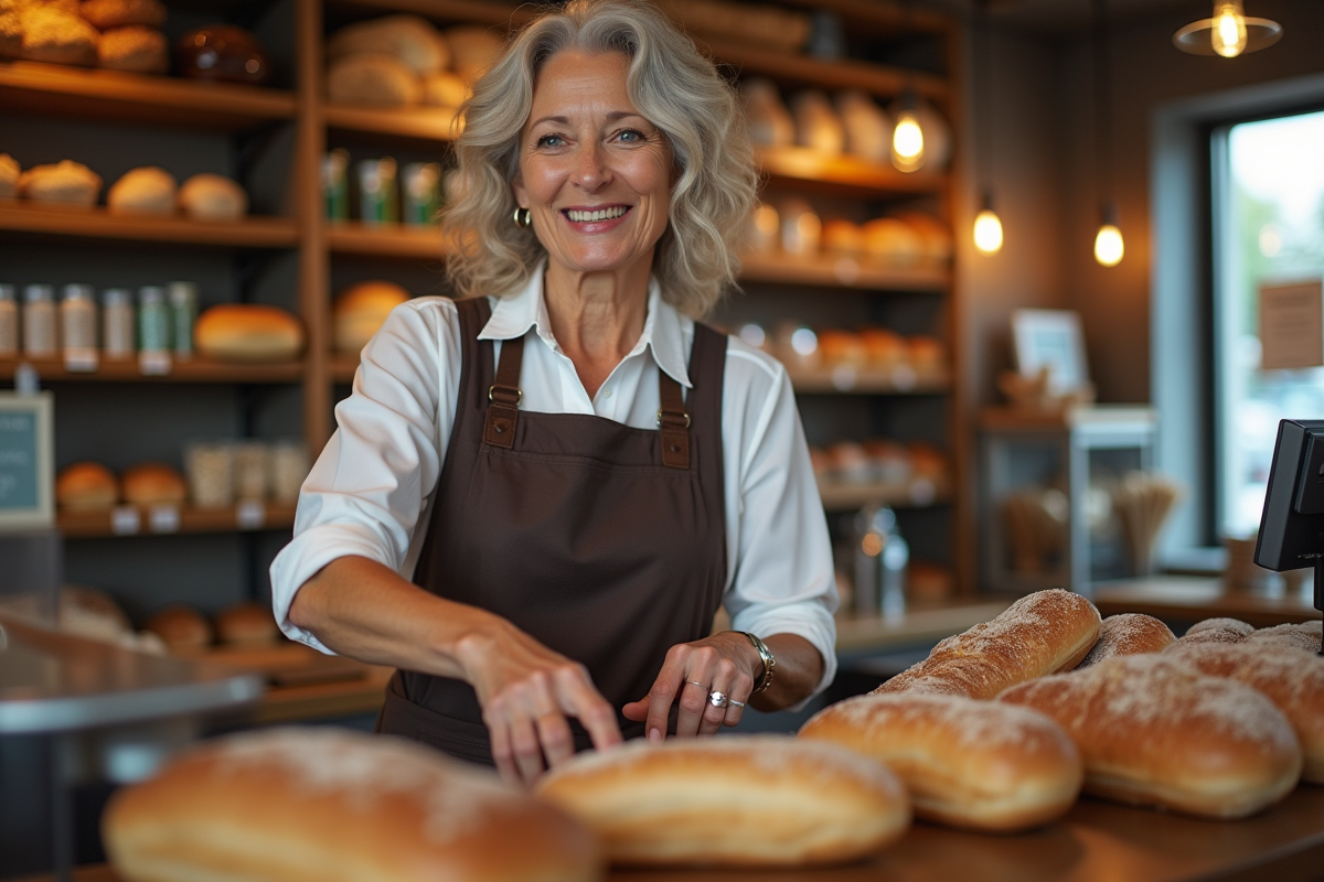 Femme âgée serveuse dans une boulangerie chaleureuse