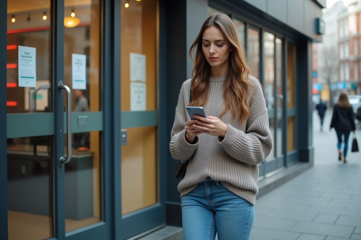 Jeune femme regardant son smartphone devant une banque fermée