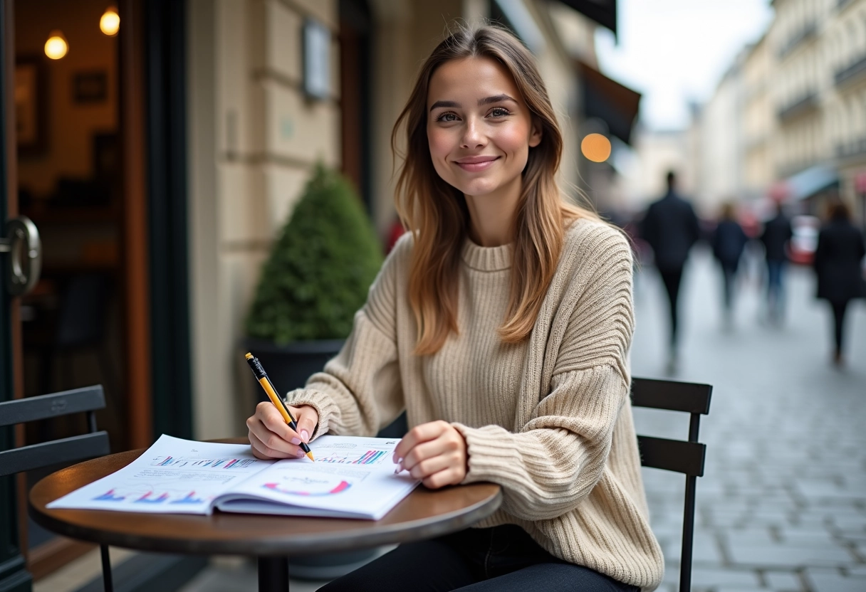 Jeune femme lisant des graphiques ETF dans un café parisien