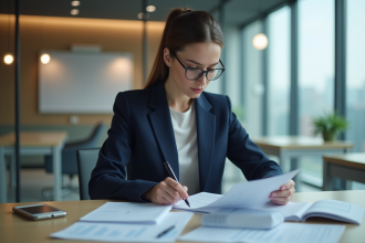 Femme professionnelle en blazer navy examine documents financiers