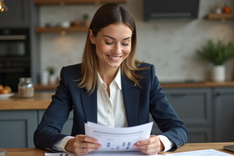 Femme confiante en réunion financière à la maison