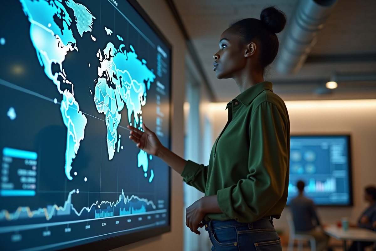 Jeune femme noire devant carte digitale crypto dans espace fintech