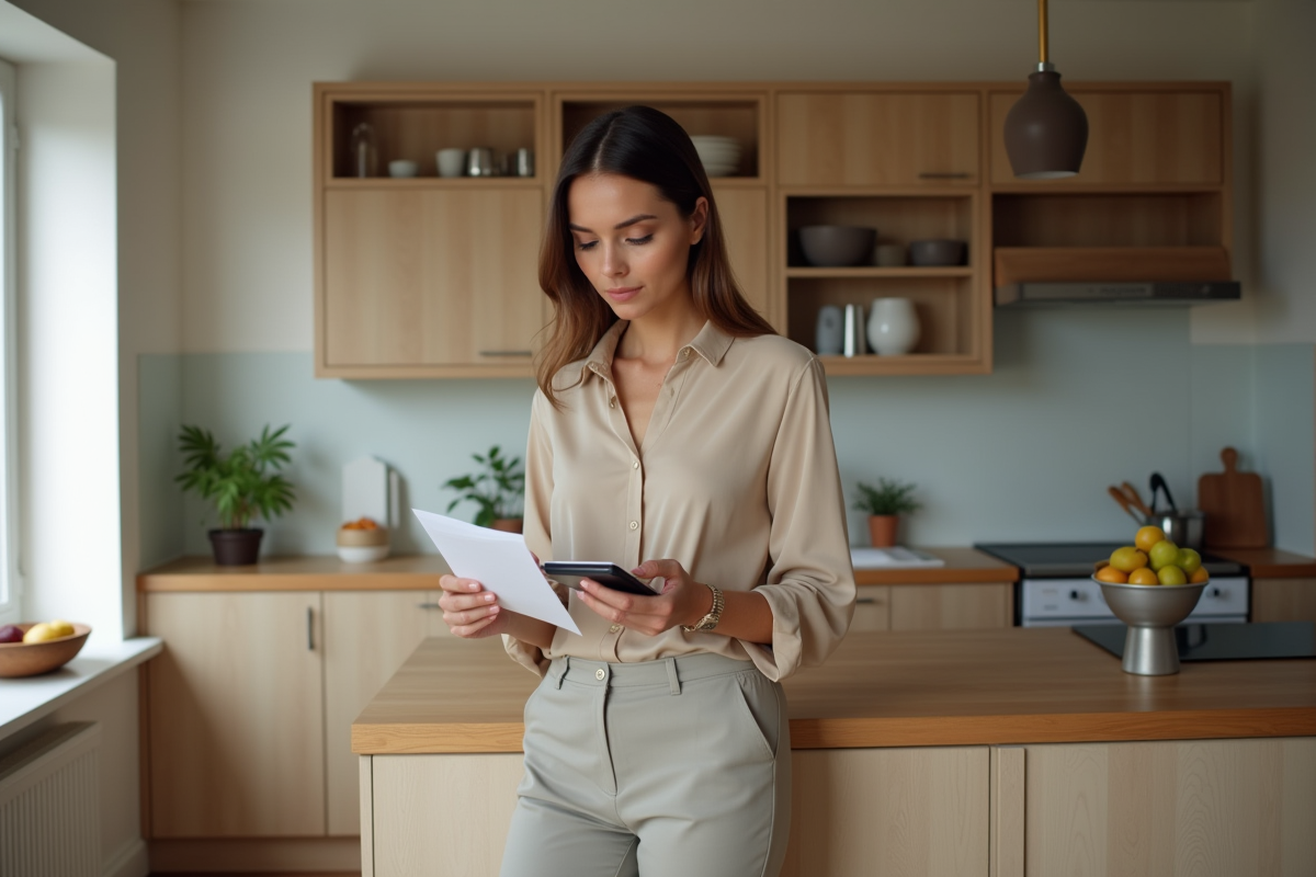 Jeune femme française analysant des documents bancaires à la maison