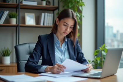 Femme en bureau moderne examinant des documents fiscaux