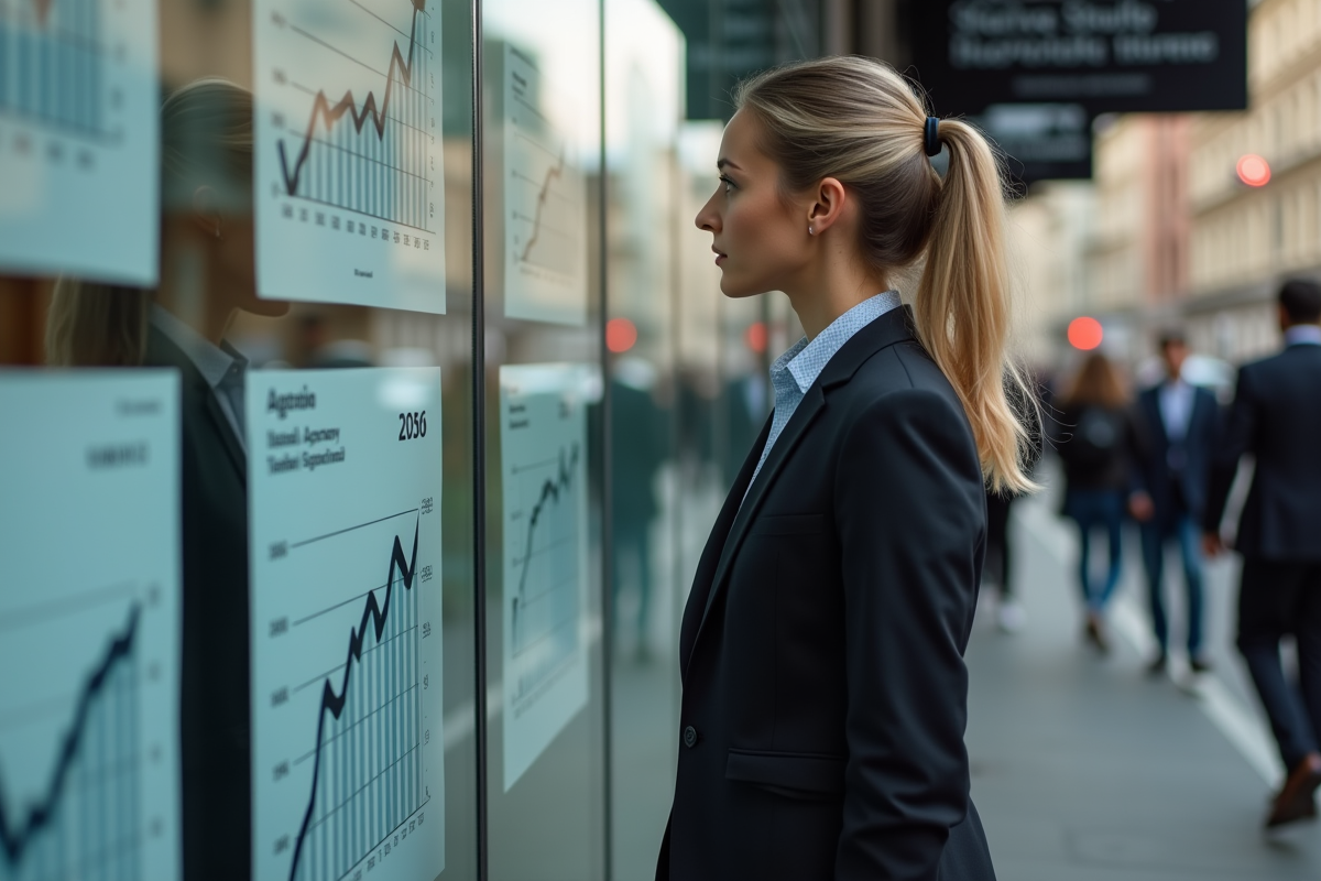 Jeune femme en costume regarde des graphiques de prix immobilier en ville