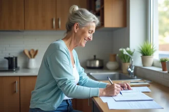 Femme d'âge moyen lisant des documents d'assurance à la maison
