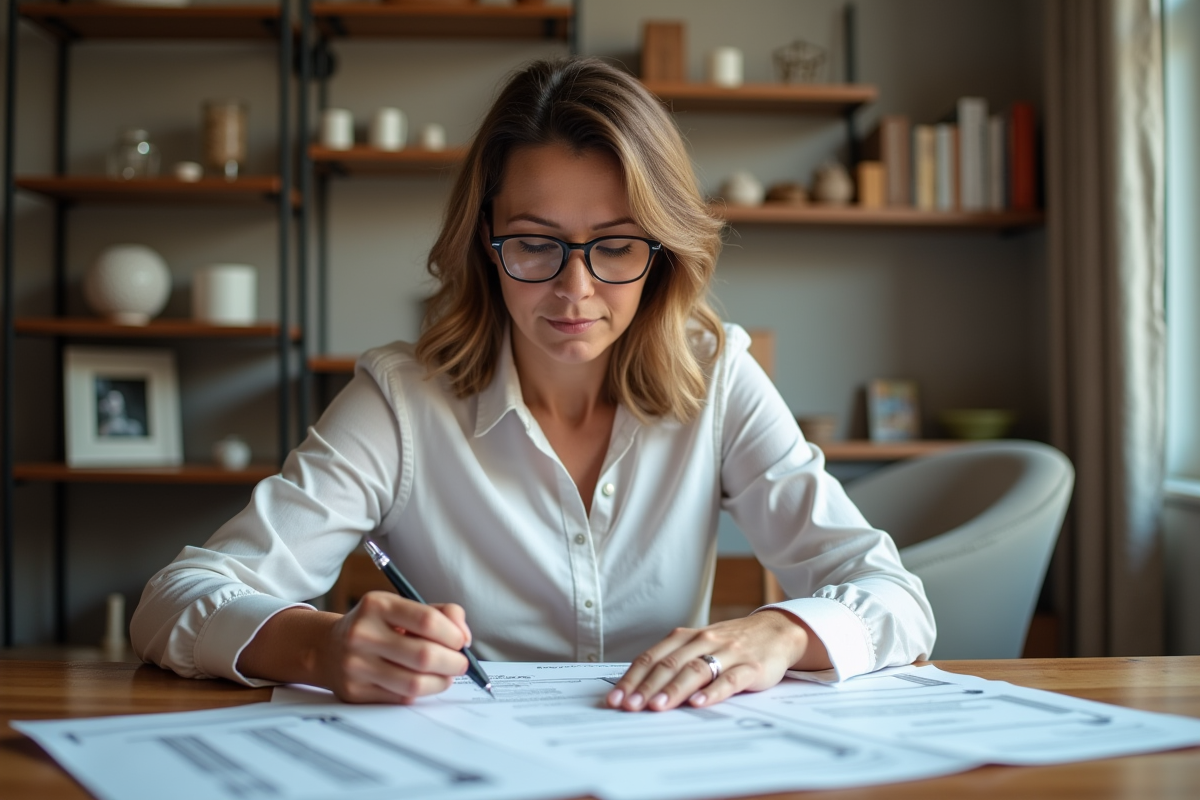 Femme d'âge moyen organise des papiers de retraite à la maison
