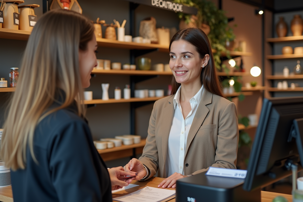 Jeune femme payant en boutique à Quebec