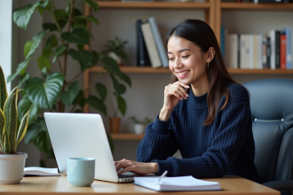 Jeune femme professionnelle travaillant sur un ordinateur dans un bureau lumineux