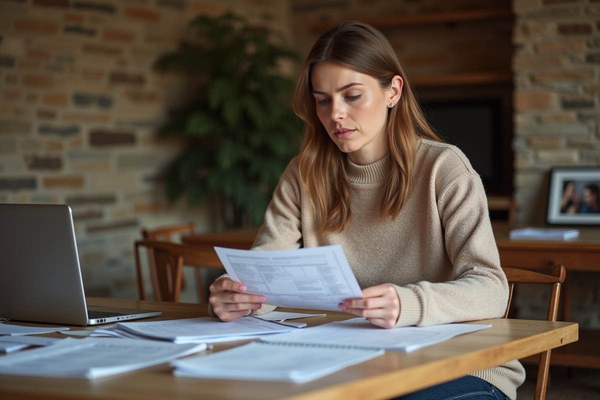 Femme examinant des papiers et relevés dans une salle à manger chaleureuse