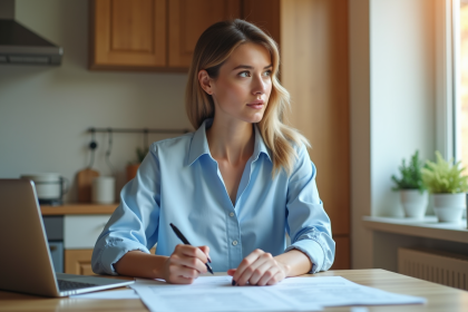 Femme en blouse bleue examine un relev&eacute; de pr&ecirc;t immobilier