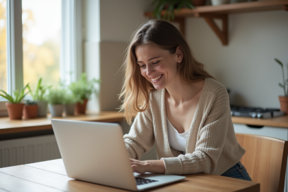 Jeune femme souriante avec cardigan beige à la maison
