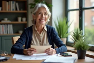 Femme française souriante tenant un document et une carte bancaire