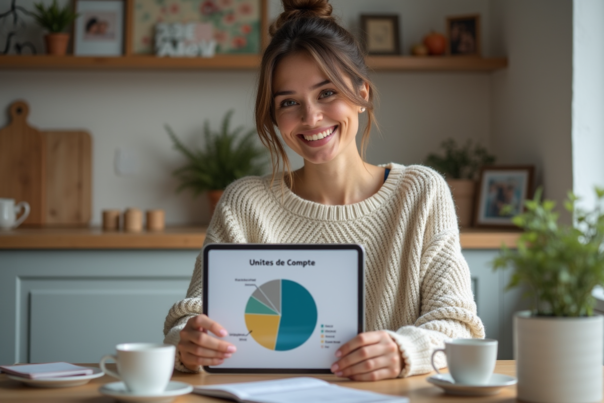 Femme souriante tenant une tablette avec graphique pie
