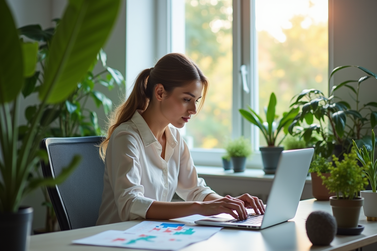 Femme confiante travaillant à un bureau moderne avec des plantes vertes