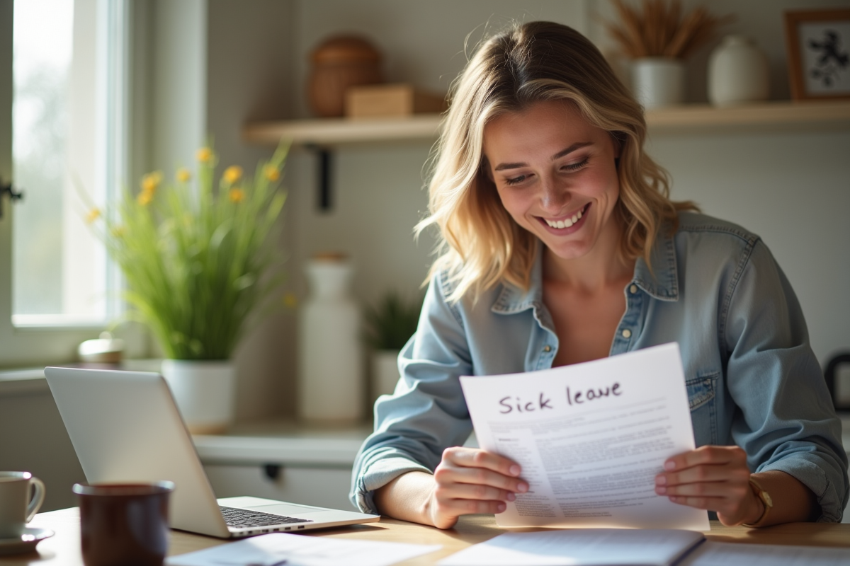 Femme souriante à la maison remplissant un papier de congé maladie