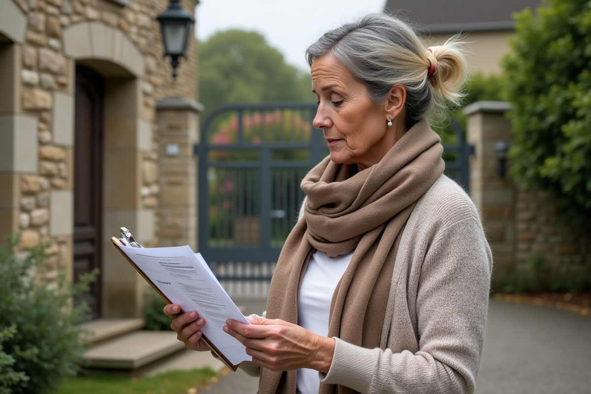 Femme vérifiant des formulaires de taxe foncière devant une maison en pierre