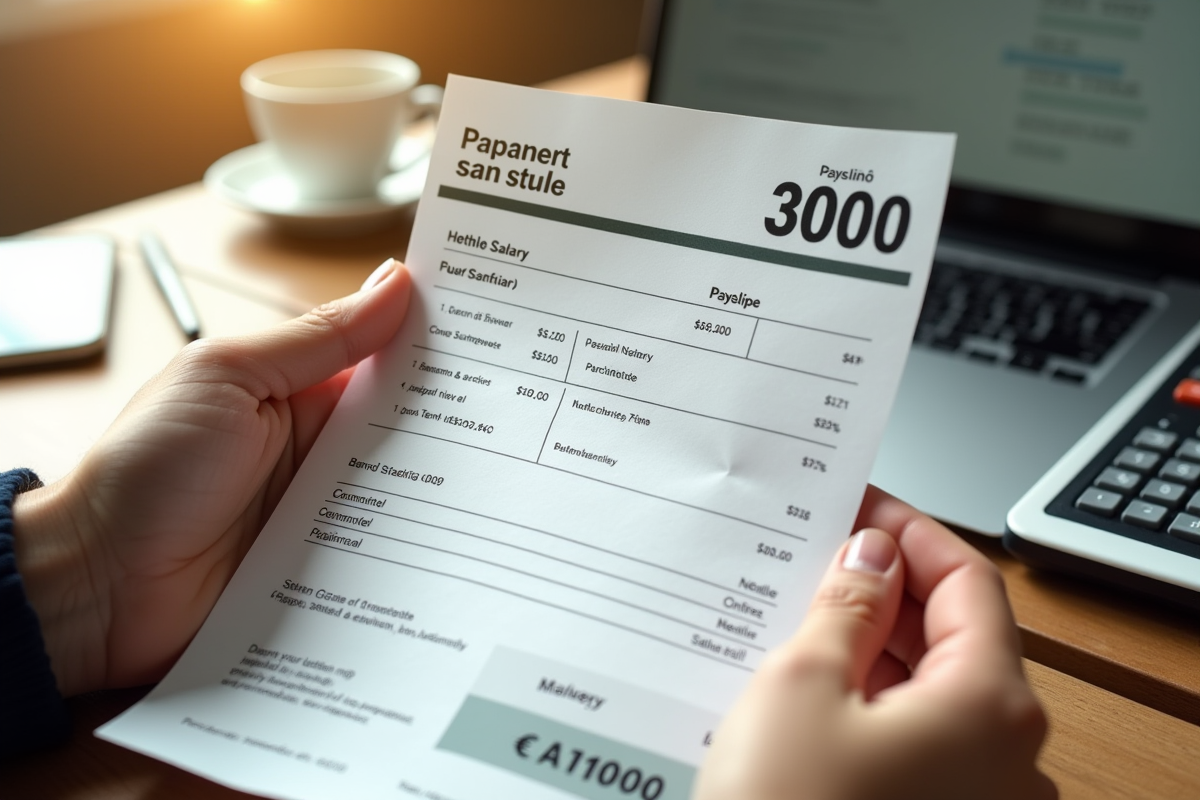 Gros plan sur une fiche de paie avec un salaire de 3000 euros en main