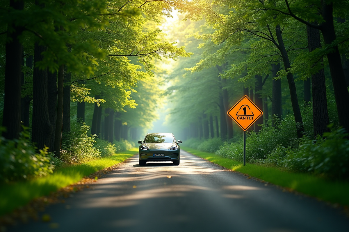 Forêt verte avec voiture électrique et panneau de taxe carbone