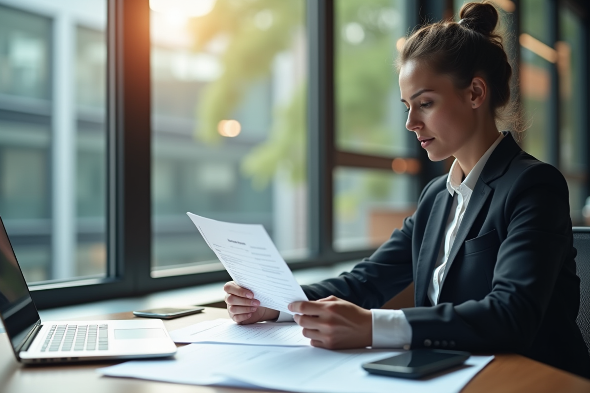 Un professionnel examine des documents bancaires dans un bureau moderne
