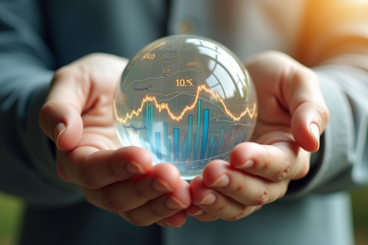 Deux mains tenant un globe fragile avec des graphiques boursiers